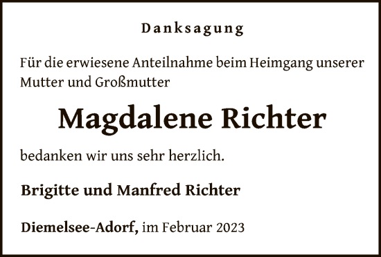 Traueranzeige von Magdalene Richter von WLZ