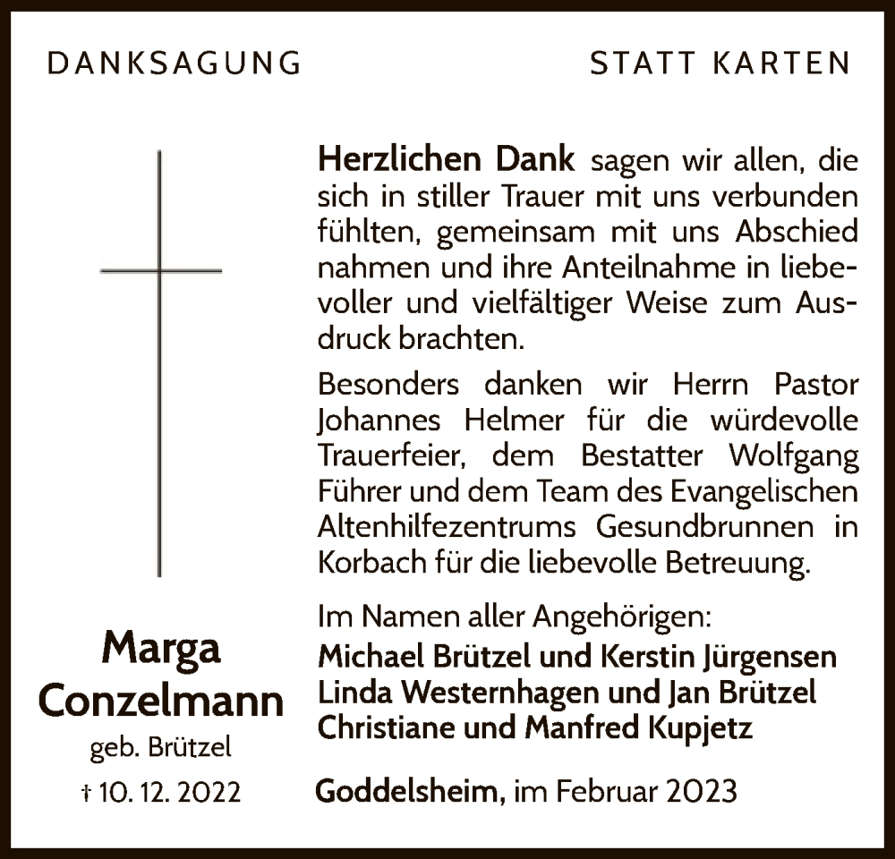 Traueranzeige für Marga Conzelmann vom 04.02.2023 aus WLZ
