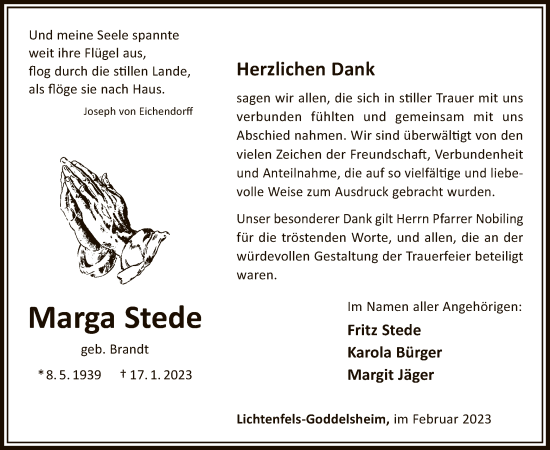 Traueranzeige von Marga Stede von WLZ