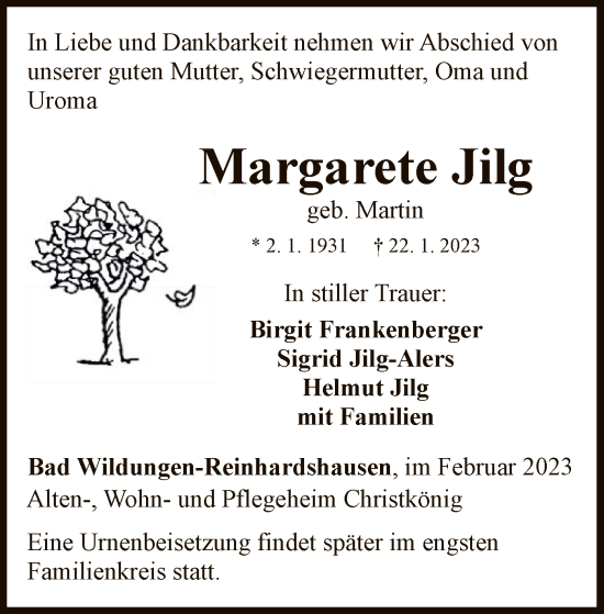 Traueranzeige von Margarete Jilg von WLZ