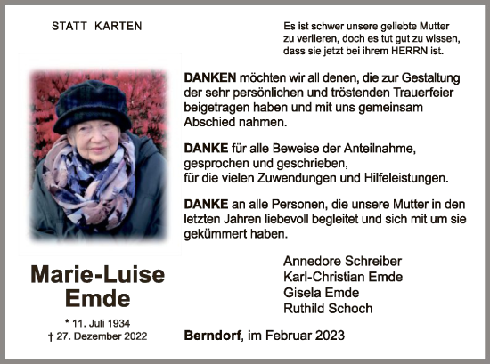 Traueranzeige von Maria-Luise Emde von WLZ