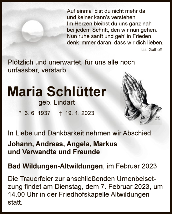 Traueranzeige von Maria Schlütter von WLZ