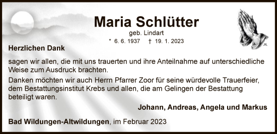 Traueranzeige von Maria Schlütter von WLZ