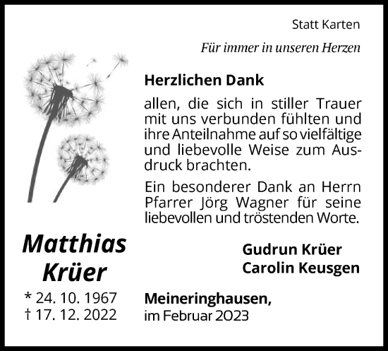 Traueranzeige von Matthias Krüer von WLZ