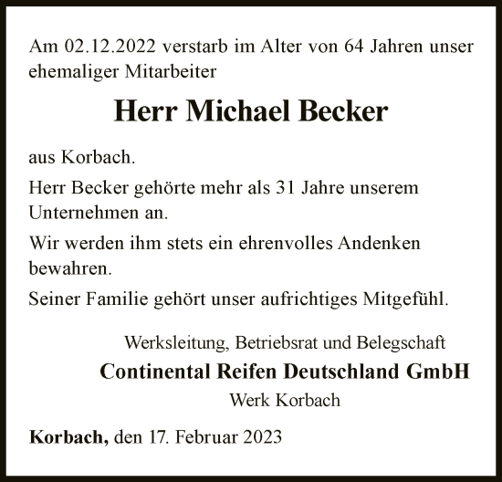 Traueranzeige von Michael Becker von WLZ