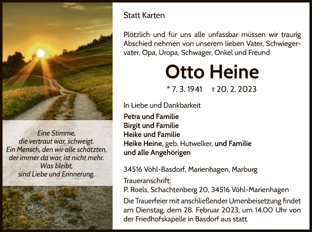 Traueranzeige für Otto Heine vom 24.02.2023 aus WLZ