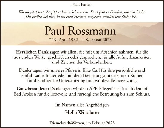 Traueranzeige von Paul Rossmann von WLZ