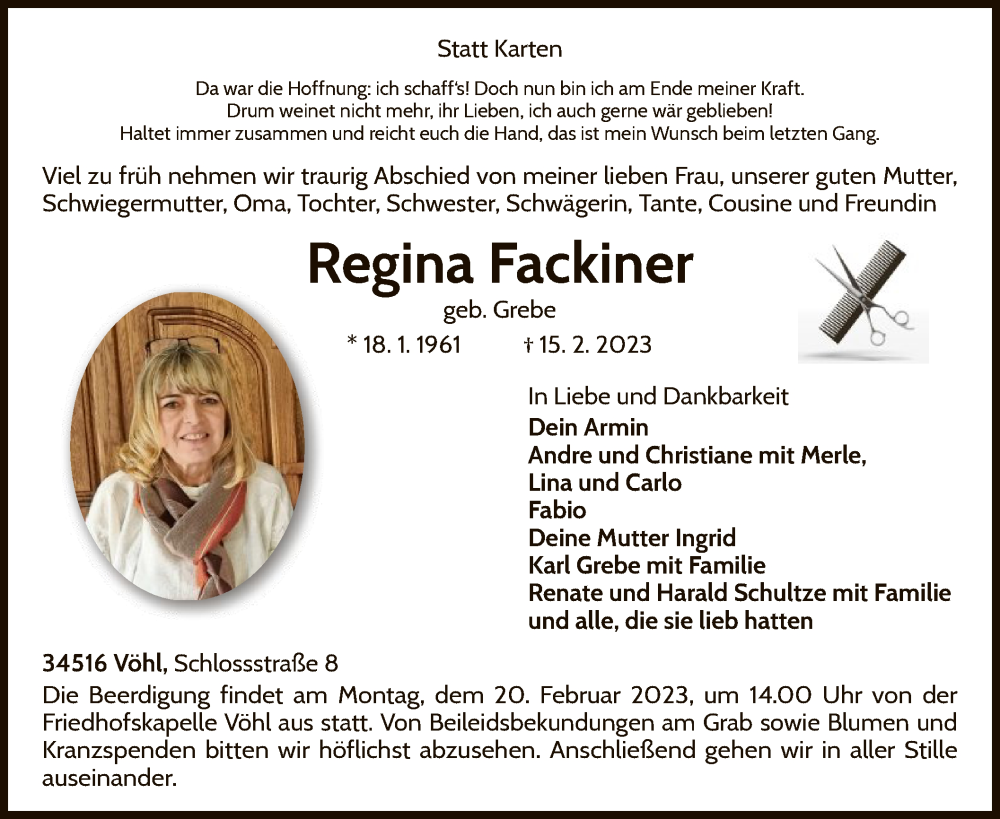  Traueranzeige für Regina Fackiner vom 17.02.2023 aus WLZ