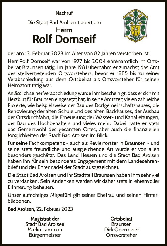 Traueranzeige von Rolf Dornseif von WLZ