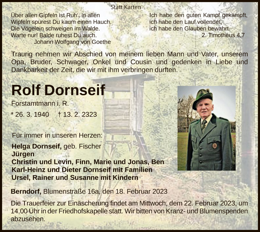  Traueranzeige für Rolf Dornseif vom 18.02.2023 aus WLZ