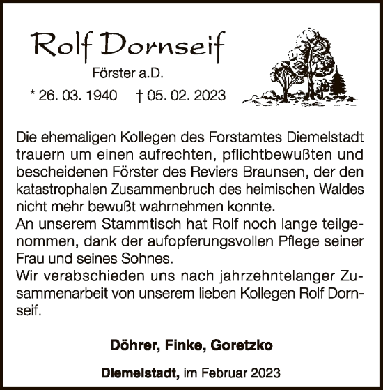 Traueranzeige von Rolf Dornseif von WLZ