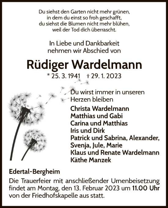 Traueranzeige von Rüdiger Wardelmann von WLZ