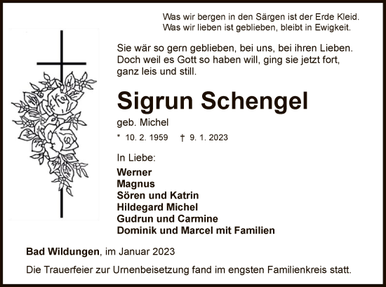 Traueranzeige von Sigrun Schengel von WLZ