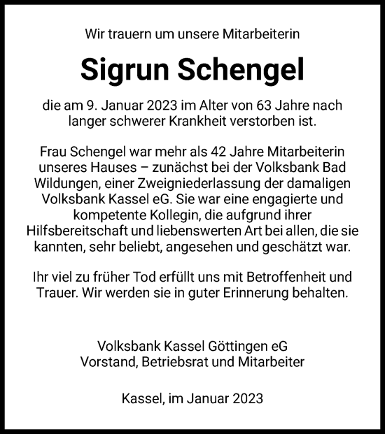 Traueranzeige von Sigrun Schengel von WLZ