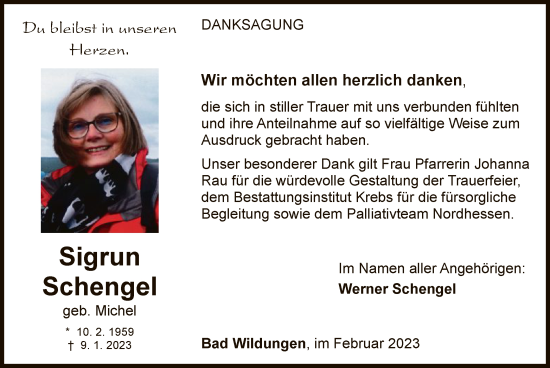 Traueranzeige von Sigrun Schengel von WLZ