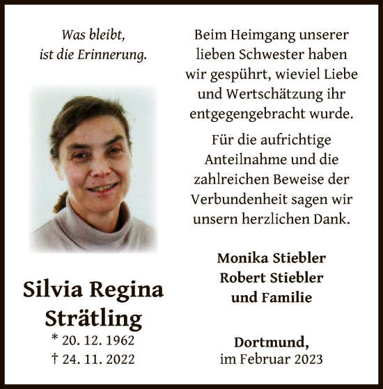 Traueranzeige von Silvia Regina Strätling von WLZ