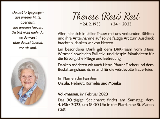 Traueranzeige von Therese Rest von WLZ