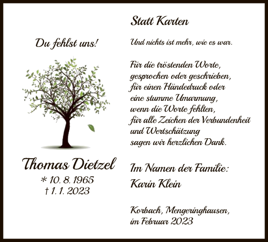 Traueranzeige von Thomas Dietzel von WLZ