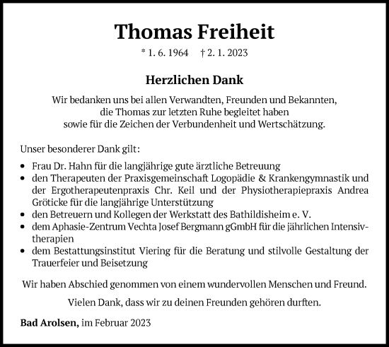 Traueranzeige von Thomas Freiheit von WLZ