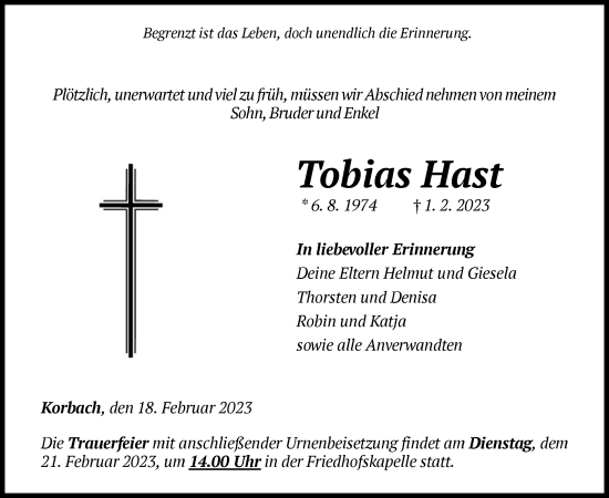 Traueranzeige von Tobias Hast von WLZ