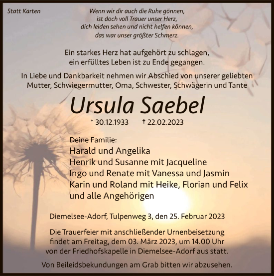 Traueranzeige von Ursula Saebel von WLZ