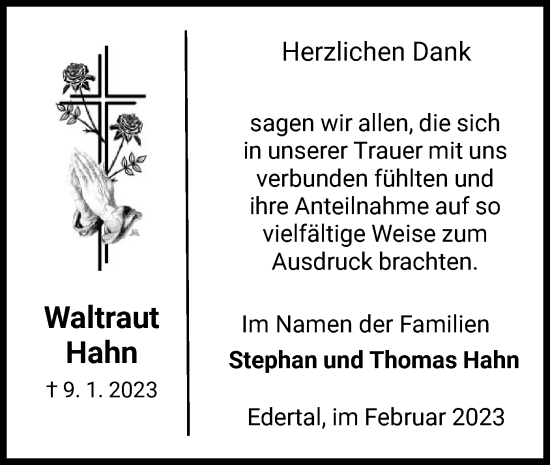 Traueranzeige von Waltraut Hahn von WLZ