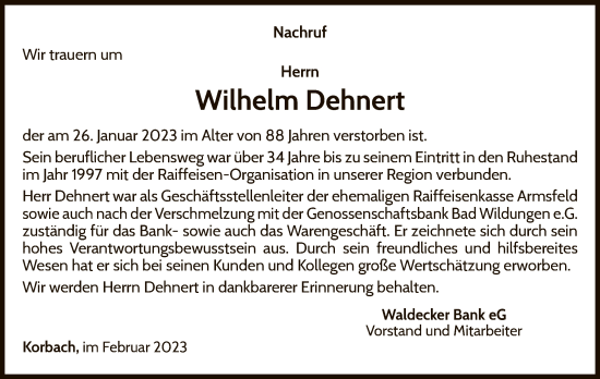 Traueranzeige von Wilhelm Dehnert von WLZ