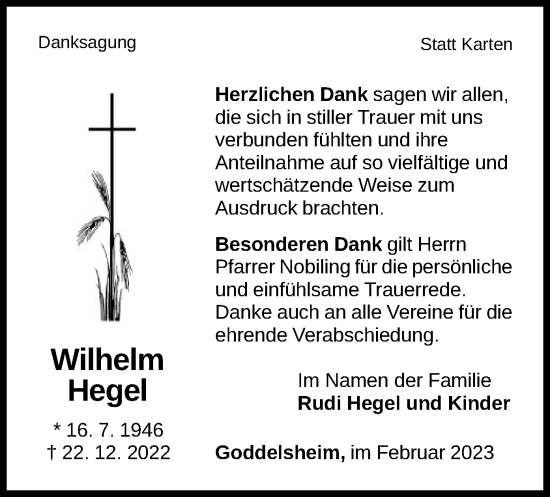 Traueranzeige von Wilhelm Hegel von WLZ