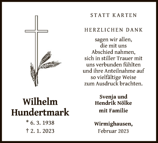 Traueranzeige von Wilhelm Hundertmark von WLZ