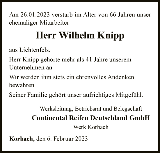 Traueranzeige von Wilhelm Knipp von WLZ