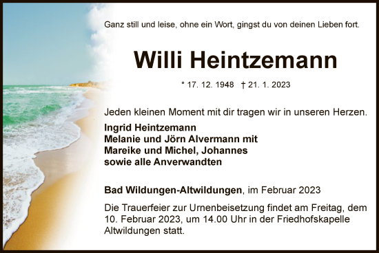 Traueranzeige von Willi Heintzemann von WLZ