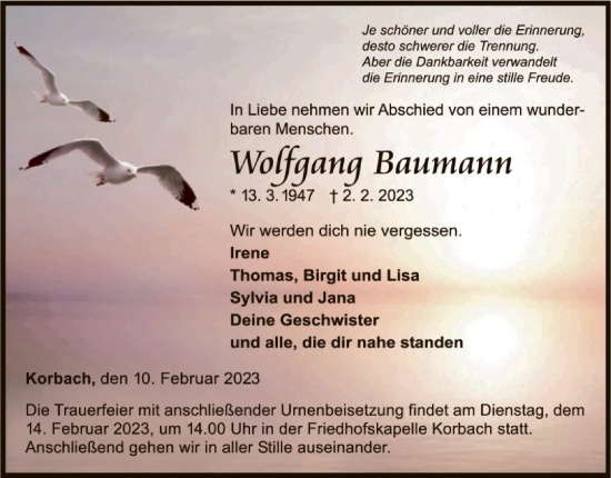 Traueranzeige von Wolfgang Baumann von WLZ