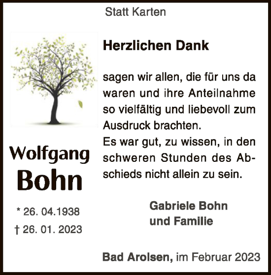 Traueranzeige von Wolfgang Bohn von WLZ