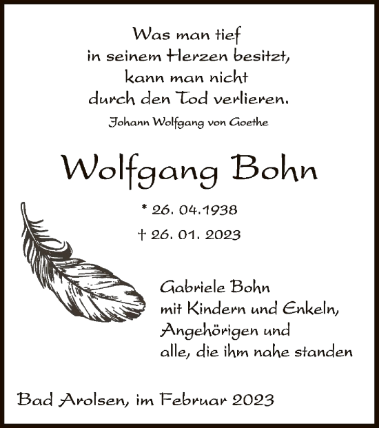 Traueranzeige von Wolfgang Bohn von WLZ