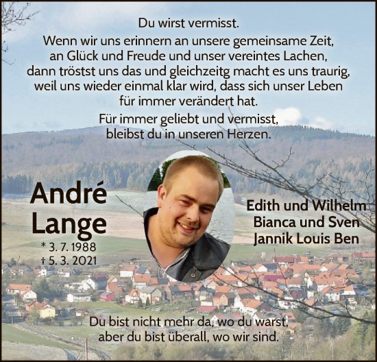 Traueranzeige von Andre Lange von WLZ