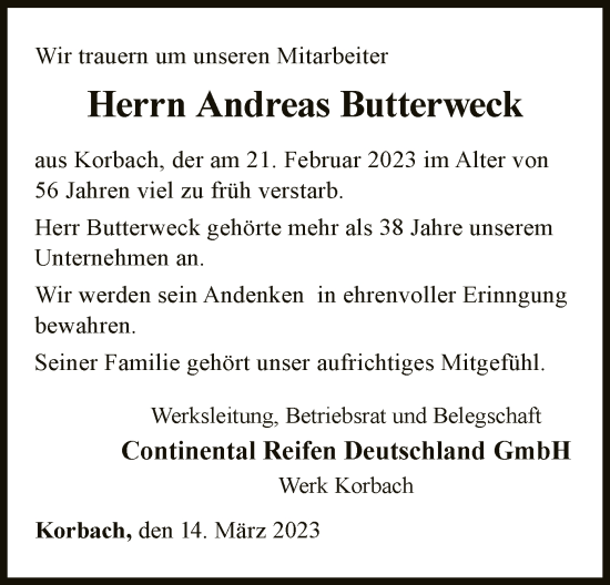 Traueranzeige von Andreas Butterweck von WLZ