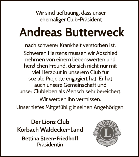Traueranzeige von Andreas Butterweck von WLZ