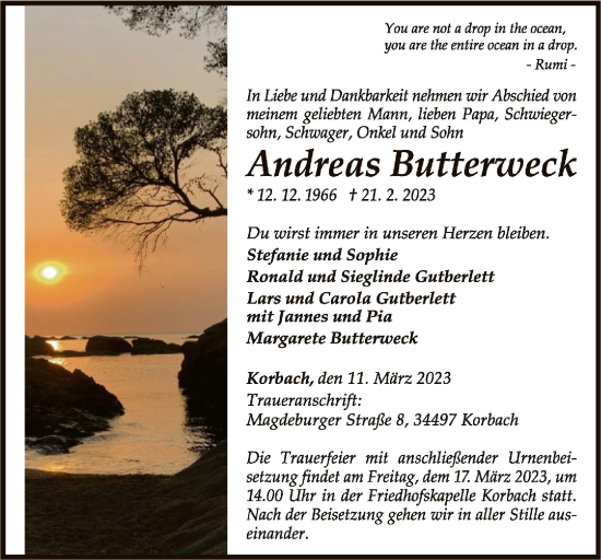 Traueranzeige von Andreas Butterweck von WLZ