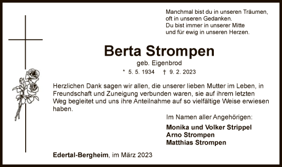 Traueranzeige von Berta Strompen von WLZ