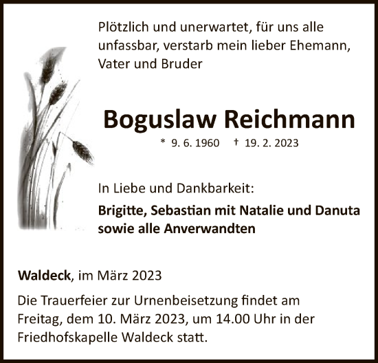 Traueranzeige von Boguslaw Reichmann von WLZ