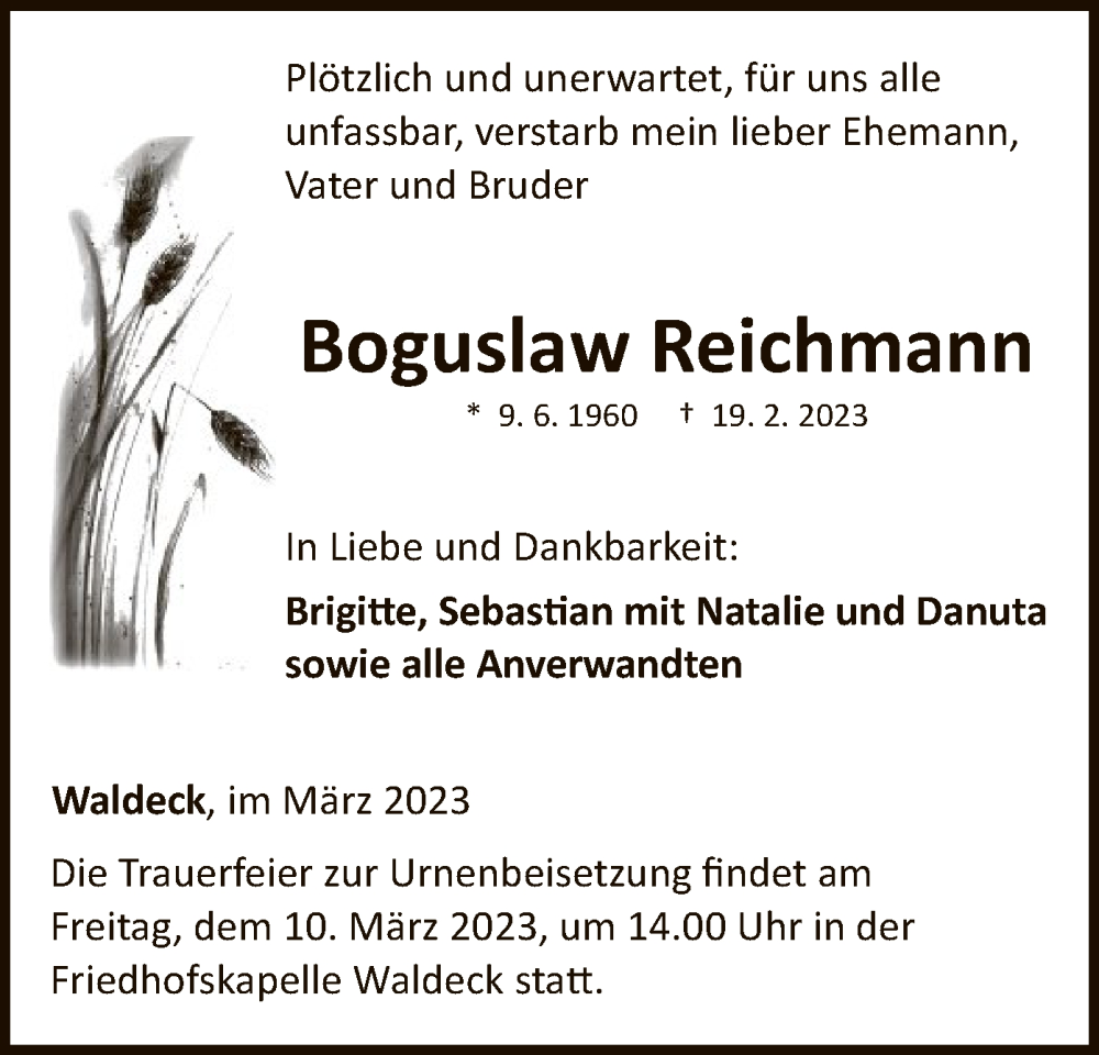 Traueranzeige für Boguslaw Reichmann vom 04.03.2023 aus WLZ