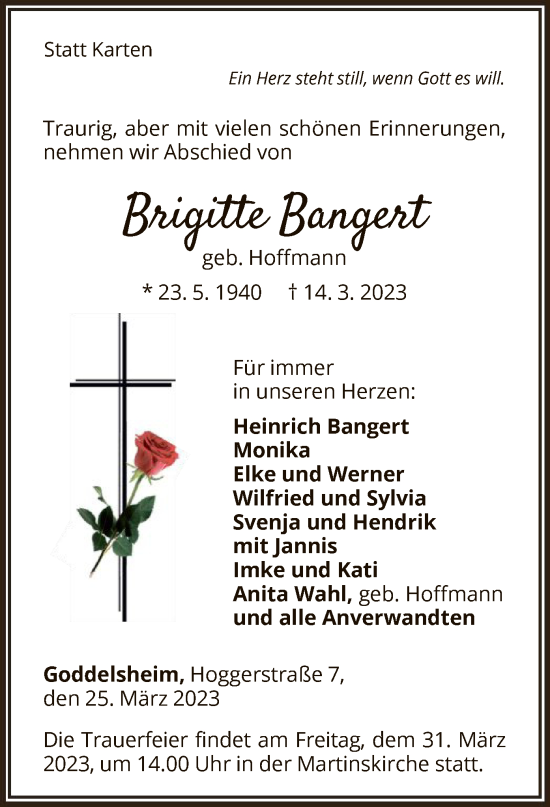 Traueranzeige von Brigitte Bangert von WLZ