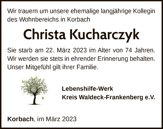Traueranzeige von Christa Kucharczyk von WLZ