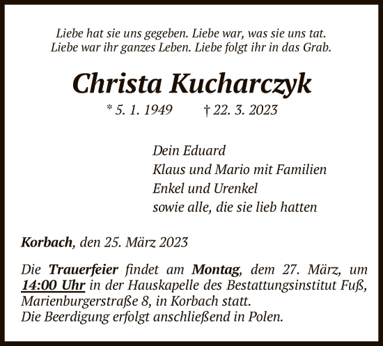 Traueranzeige von Christa Kucharczyk von WLZ