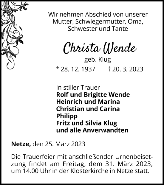 Traueranzeige von Christa Wende von WLZ