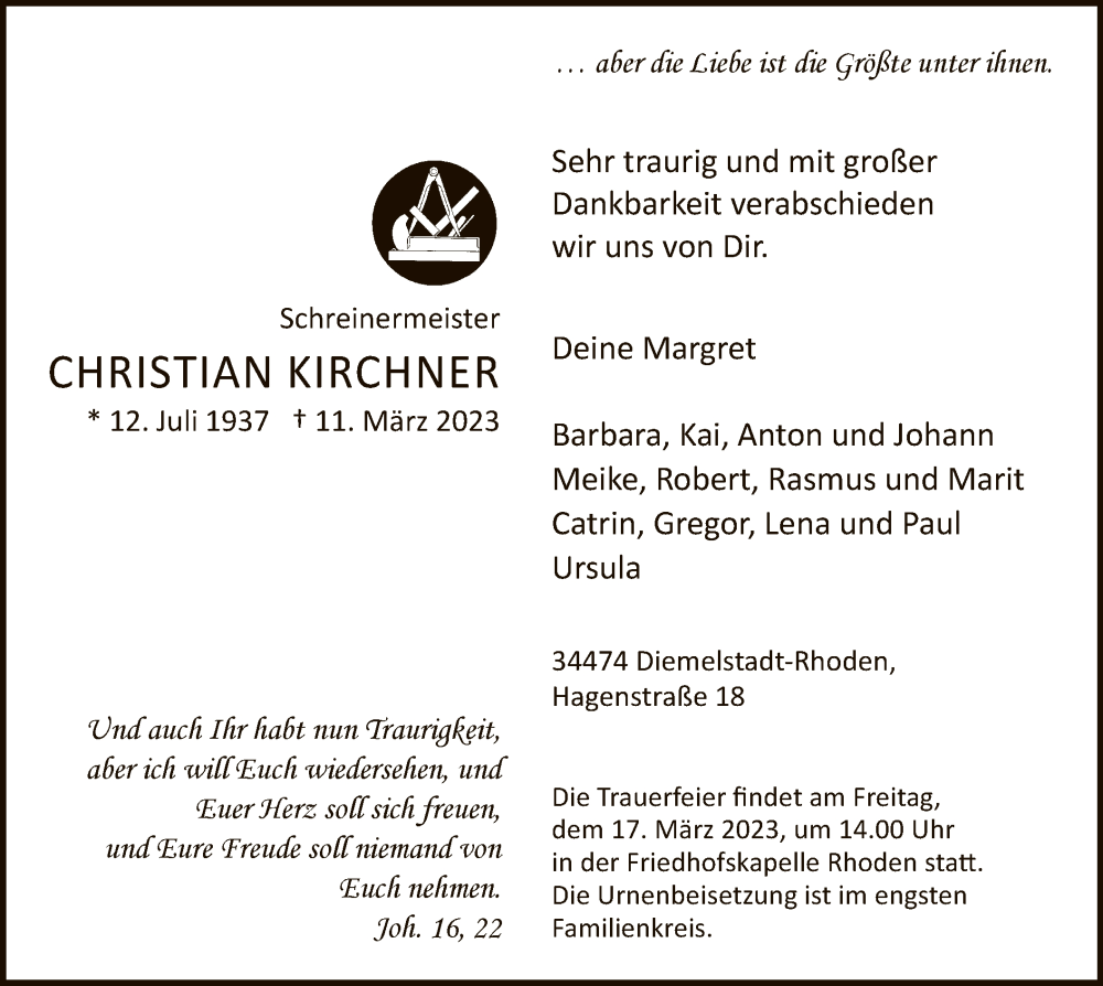  Traueranzeige für Christian Kirchner vom 14.03.2023 aus WLZ