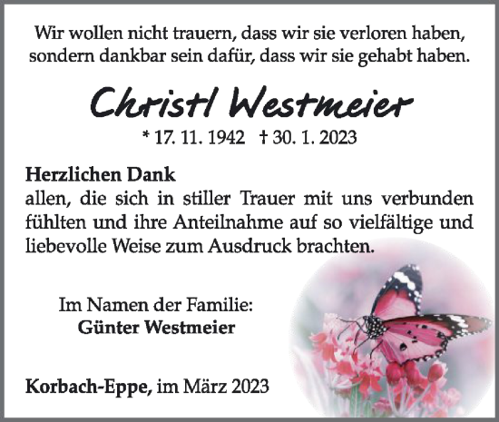 Traueranzeige von Christl Westmeier von WLZ