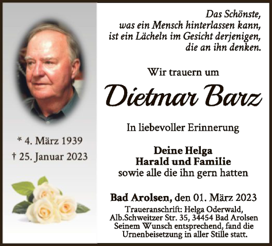 Traueranzeige von Dietmar Barz von WLZ