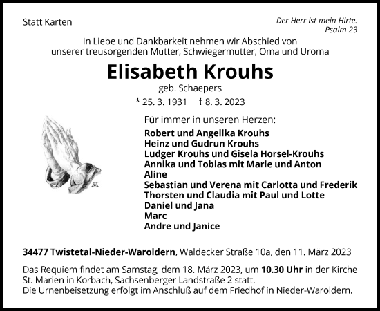 Traueranzeige von Elisabeth Krouhs von WLZ