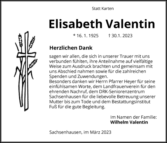 Traueranzeige von Elisabeth Valentin von WLZ